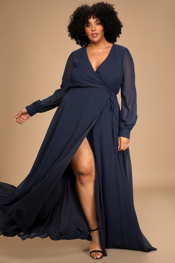 Dark Navy Blue Maxi Dress - Wrap Dress - Long Sleeve Dress - Lulus